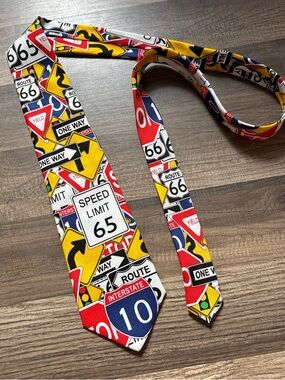 Eagle Neckwear men's Tie. Route 66 Interstate 10 with road signs
